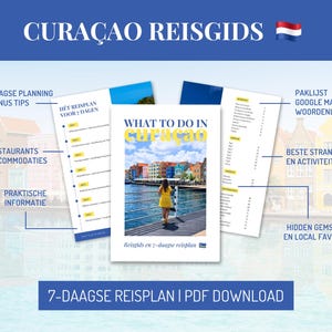 Op de afbeelding: Een reisgids getiteld "Curaçao Reisgids" met de Nederlandse vlag. De gids bevat informatie over restaurants, accommodaties, planning en lokale favorieten. De omslag toont een vrouw in een gele jurk.