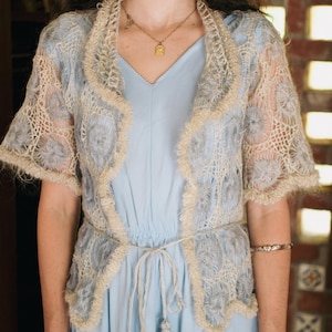 Vintage 1970s Hand-Crocheted Mohair Cardigan – Blue & Cream Rosette Detail