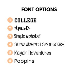 May include: A list of six font options for a design project. The options are: College, Apriots, Simple Alphabet, Strawberry Shortcake, Kayak Adventures, and Poppins.
