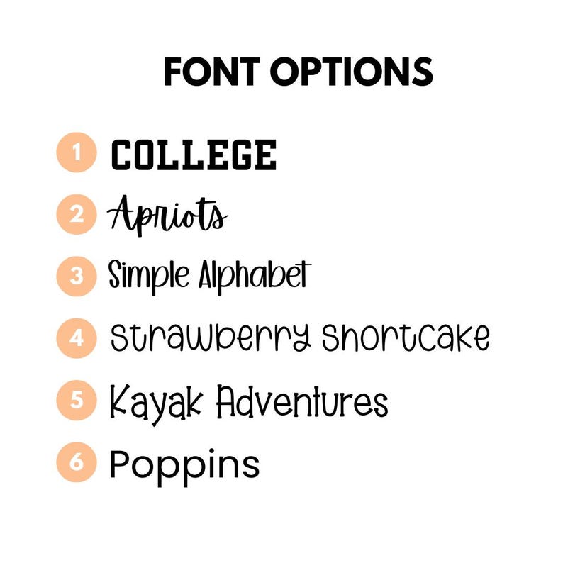 May include: A list of six font options for a design project. The options are: College, Apriots, Simple Alphabet, Strawberry Shortcake, Kayak Adventures, and Poppins.