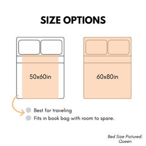 May include: Diagram showing two bed sizes: 50x60 inches and 60x80 inches. The smaller size is labeled "Best for traveling" and "Fits in book bag with room to spare". The text "Bed Size Pictured: Queen" is at the bottom.