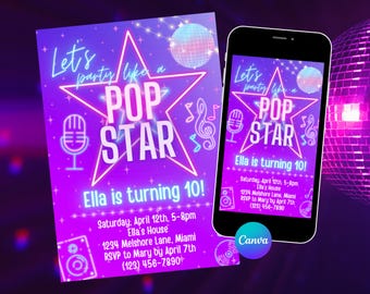 May include: A vibrant invitation for a pop star-themed party. The design features a large star with the words "POP STAR" in bold letters, a microphone, musical notes, and the text "Ella is turning 10!" The invitation is on a purple background.