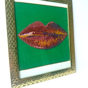 GREEN LIPS, rhinestoned piece, bedazzled home decor, upcycled canvas with gold frame