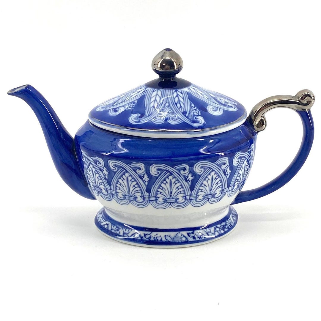 Bloom Rite Cobalt Blue & White Porcelain Teapot Silver Accents ...