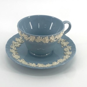 Wedgwood Queensware Cream on Lavender Blue White Footed Demitasse Cup & Saucer