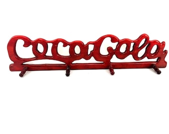 Vintage Cursive Coca-Cola Red Wood Wall Mounted Peg Rack Coat Hat Hanger
