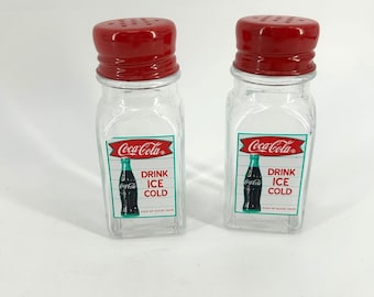 Vintage Coca Cola Clear Glass Salt & Pepper Shakers Red Lids Fishtail Logo Set