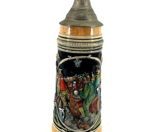 House of Global Art German Beer Stein Goebel Tavern Scene Lidded Relief Ceramic