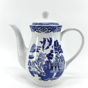 Royal Cuthbertson Blue Willow Teapot Coffee Pot Blue White Porcelain Pagoda