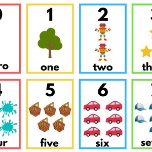 May include: A colorful chart with numbers 0 through 7, each number is displayed with a corresponding image and the word for the number. The images include a tree, robots, stars, paint splatters, shopping baskets, cars, and baseball caps.
