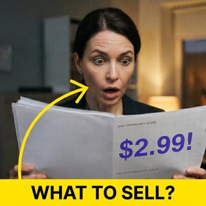 Puede incluir: Una persona con expresión de sorpresa sostiene un documento con el texto Etsy Opportunity Score y el precio $2.99! Una flecha amarilla curva apunta desde el documento hacia la persona. La franja amarilla inferior muestra WHAT TO SELL?