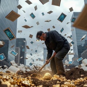 May include: A man digs in the dirt with a pickaxe, surrounded by floating books and tablets. The scene is set in a city with tall buildings and a cloudy sky. The ground is covered in gold.
