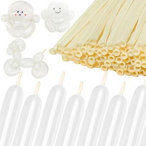 May include: An assortment of white and cream-colored balloons, including long, thin balloons, and shaped balloons. The shaped balloons are in the form of a snowman, a cloud, and a dog. The balloons are ideal for parties and celebrations.