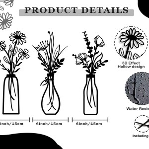 3 piezas de flores de metal para decoración de pared, estilo rústico, estilo granja, color negro, minimalista, para sala de estar, baño, dormitorio y comedor. imagen 2
