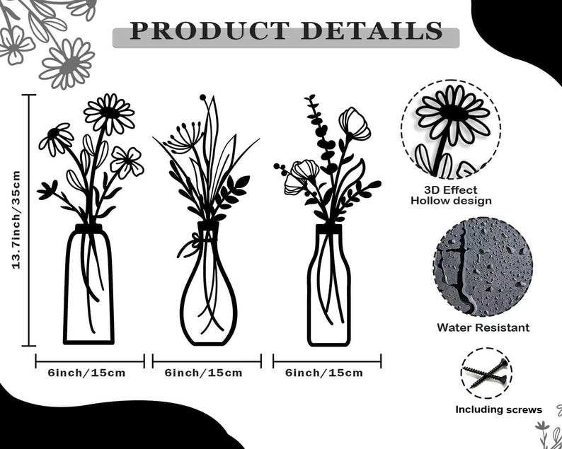 3 piezas de flores de metal para decoración de pared, estilo rústico, estilo granja, color negro, minimalista, para sala de estar, baño, dormitorio y comedor. imagen 2