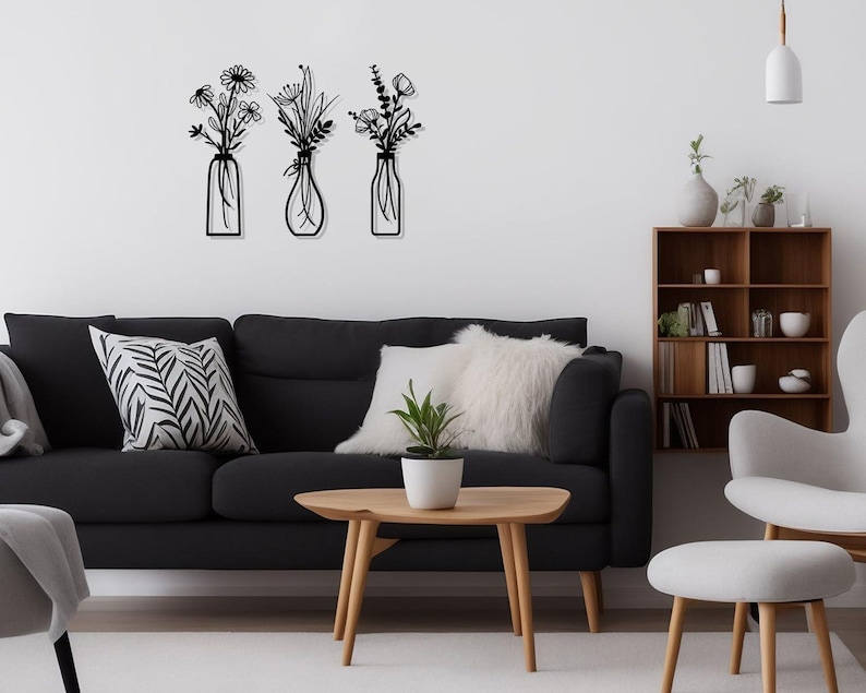 3 piezas de flores de metal para decoración de pared, estilo rústico, estilo granja, color negro, minimalista, para sala de estar, baño, dormitorio y comedor. imagen 4
