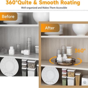 May include: A before and after image showing a kitchen cabinet shelf with a rotating lazy susan organizer. The before image shows jars, plates, and other items stacked on the shelf. The after image shows the same items organized on the rotating lazy susan. The lazy susan is made of wood and has a metal base. The text "360&deg;" is visible in the image.