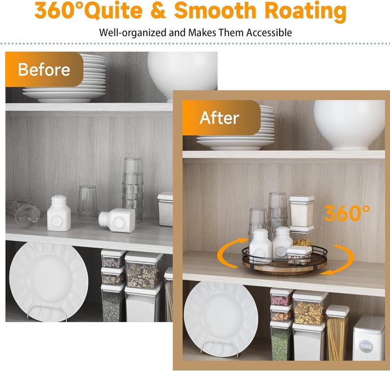 May include: A before and after image showing a kitchen cabinet shelf with a rotating lazy susan organizer. The before image shows jars, plates, and other items stacked on the shelf. The after image shows the same items organized on the rotating lazy susan. The lazy susan is made of wood and has a metal base. The text "360&deg;" is visible in the image.