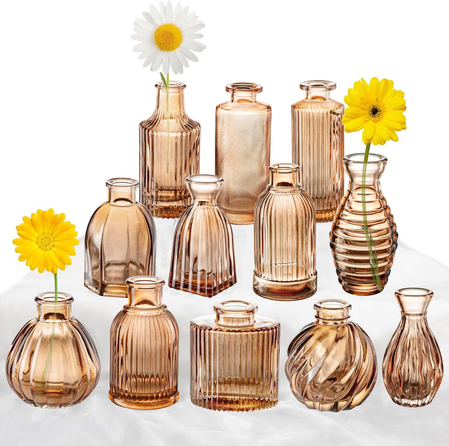 Bud Vases Set of 12, Amber Vase Small Glass Vases for Flowers Modern Ribbed Amber Glass Bud Vase for Decor Flower Vase in Bulk Vintage Decor