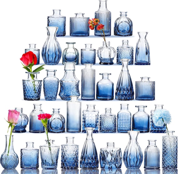 36 Blue Bud Vases Glass Bud Vase Set, Small Vases for Flowers, Bud Vases for Centerpieces Mini Flower Vases in Bulk for Rustic Wedding Decor