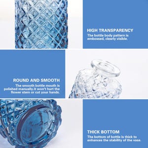 Puede incluir: Un jarr&oacute;n de vidrio azul con un patr&oacute;n de diamantes. El jarr&oacute;n tiene una base gruesa para la estabilidad y una boca lisa. El texto en la imagen dice "ALTA TRANSPARENCIA" y "REDONDO Y SUAVE".