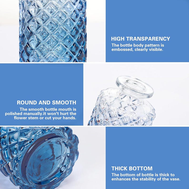 Puede incluir: Un jarr&oacute;n de vidrio azul con un patr&oacute;n de diamantes. El jarr&oacute;n tiene una base gruesa para la estabilidad y una boca lisa. El texto en la imagen dice "ALTA TRANSPARENCIA" y "REDONDO Y SUAVE".