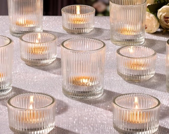 20 Assorted Ribbed Clear Votive & Tea Light Candle Holders, Glass Candle Holder for Table Centerpiece, Wedding, Baby Shower, Home and Party