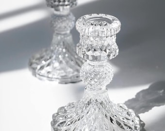 Taper Candle Holders Set of 2, Clear Glass Candlestick Holder Fit 0.8 Inch Candles, 4 Inch Tall Crystal Decorative Candle Stand Centerpiece