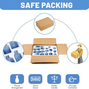 Puede incluir: Una caja de cart&oacute;n abierta revela una colecci&oacute;n de botellas y jarrones de vidrio azul, colocados en espuma protectora. La caja est&aacute; etiquetada como "SAFE PACKING" en la parte superior. La imagen tambi&eacute;n incluye una caja m&aacute;s peque&ntilde;a e iconos para arreglos florales, decoraci&oacute;n del hogar, candelabros y recipientes de almacenamiento.