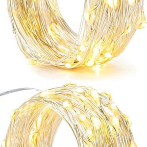 May include: Two spools of warm white LED string lights. Each spool is tightly wound with delicate silver wire, and features small, evenly spaced, glowing lights. The lights are a soft, inviting yellow.