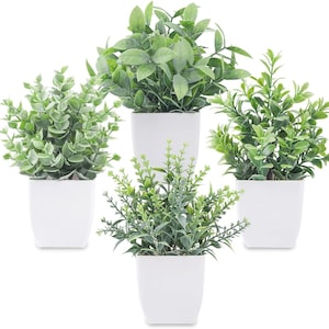 May include: Set of five artificial potted plants with green leaves in white pots. The plants are arranged in a row, with the tallest plant in the center.