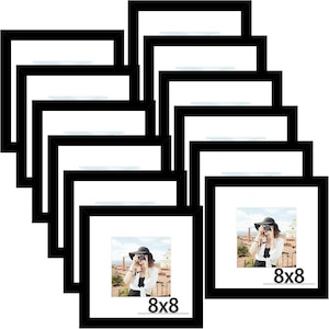 May include: A collection of black 8x8 inch picture frames. Each frame has a white mat and a photograph of a person taking a picture. The text "8x8" is printed on the bottom of the frames.