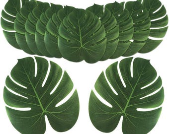 24 hojas artificiales grandes de palmera tropical, hojas de safari falsas, hojas de monstera artificiales, decoraciones para fiestas hawaianas con temática de selva y playa.