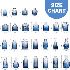 Puede incluir: Colecci&oacute;n de jarrones de vidrio azul de varias formas y tama&ntilde;os. La imagen incluye una tabla de tallas, que muestra las dimensiones de cada jarr&oacute;n, que van de 5 a 14 cm de altura.