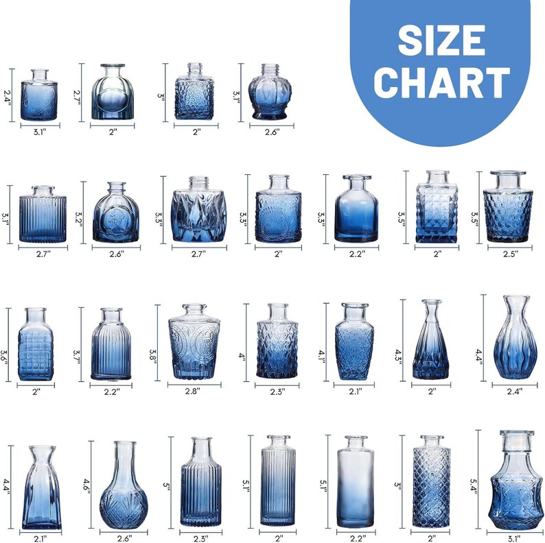 Puede incluir: Colecci&oacute;n de jarrones de vidrio azul de varias formas y tama&ntilde;os. La imagen incluye una tabla de tallas, que muestra las dimensiones de cada jarr&oacute;n, que van de 5 a 14 cm de altura.