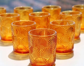 12Pcs Amber Votive Candle Holders, Glass Amber Candle Holder for Fall Wedding, Boho Tea Lights Candle Holder for Halloween Thanksgiving