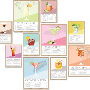 Decoración y accesorios para carritos de bar: póster de cócteles vintage, impresión de arte mural de cócteles, estética de imágenes de bebidas alcohólicas, obra de arte moderna para la universidad.