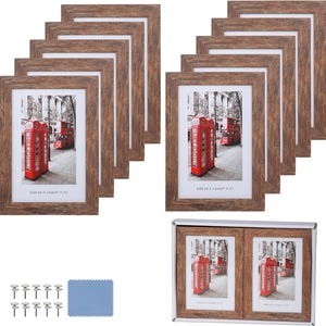 May include: A collection of brown wooden picture frames, each holding a print of a red telephone booth and a double-decker bus. The frames are 10 x 15 cm (4" x 6") and come with mounting hardware and a cleaning cloth.