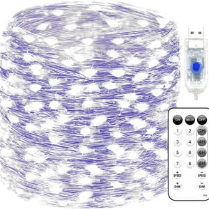 May include: A coil of purple wire string lights featuring small white LED bulbs, a clear USB connector with a blue push button, and a white remote control with numbered settings, timer options, speed controls, and dimming functions for lighting.