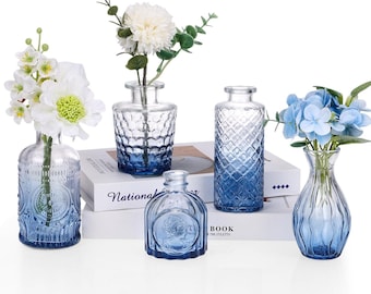 Juego de 5 jarrones pequeños de cristal azul, jarrones para centros de mesa / mini jarrones de cristal vintage para centros de mesa, jarrones decorativos para flores