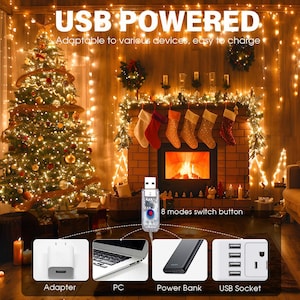 Luces de hadas enchufables de 66 pies, 200 LED USB, luces parpadeantes para dormitorio, luces de alambre de cobre con control remoto y temporizador, 8 modos, luces de cadena impermeables imagen 2