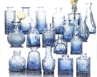 Juego de 18 jarrones azules para flores, jarrones vintage de cristal transparente, jarrones pequeños para centros de mesa, decoración de mesa para el hogar, decoraciones rústicas para bodas.