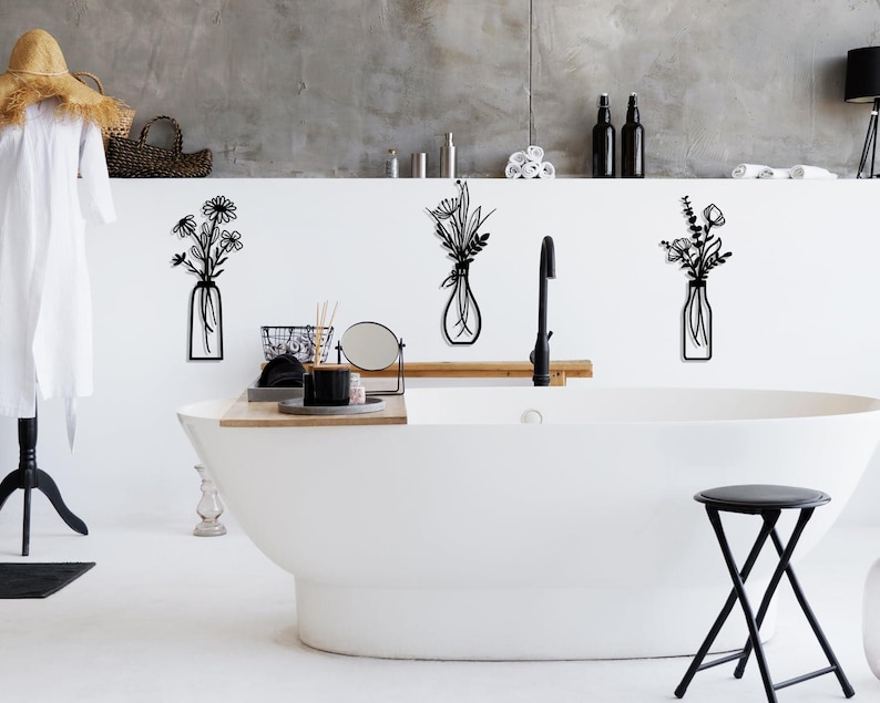 3 piezas de flores de metal para decoración de pared, estilo rústico, estilo granja, color negro, minimalista, para sala de estar, baño, dormitorio y comedor. imagen 5