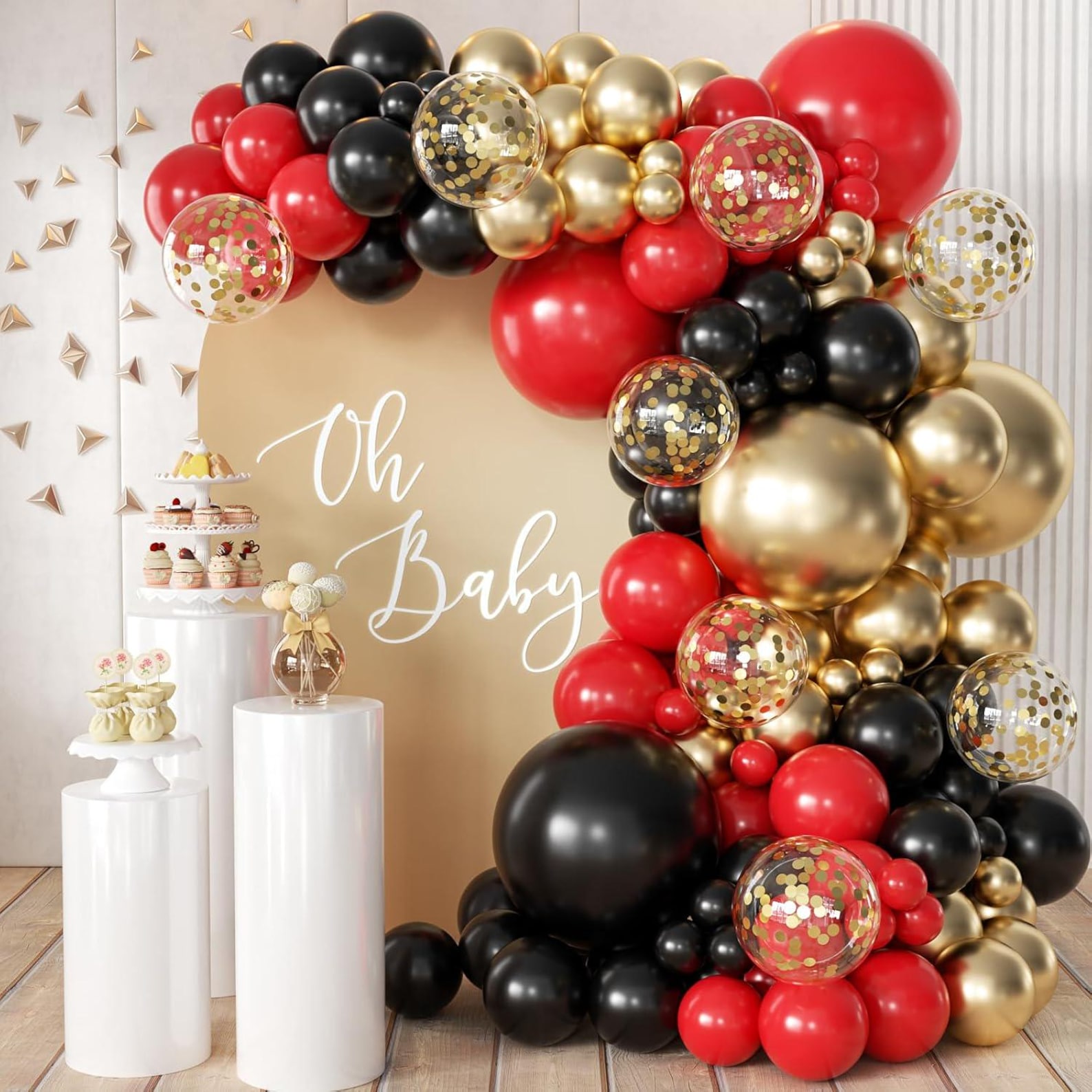 155Pcs Red Black Gold balloons Garland Arch Kit with Gold Confetti Balloons for Graduation Anniversary Casino Night Hollywood New Years