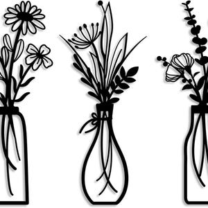 3 Pieces Metal Flowers Wall Arts - Rustic Farmhouse Decor Black Minimalist Flower Wall Decors for Living room Bathroom Bedroom Dining Room