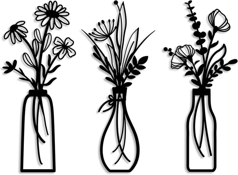 Puede incluir: Tres ilustraciones en silueta en blanco y negro de arreglos florales en jarrones. Las flores son estilizadas y los jarrones son simples.