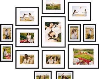 14 Pack Black Picture Frames with Mat for Various Sizes Photos, Assorted Matted Frame Set Including Two 11x14, Six 8x10, Six 5x7, Gallery
