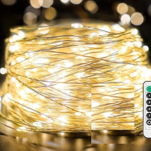 May include: A bundle of warm white LED string lights with a remote control. The lights are on a thin, flexible wire, creating a soft glow. The remote has buttons for on/off, timer, mode, and brightness control.