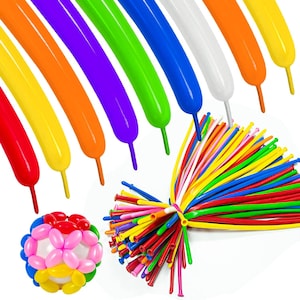 May include: An assortment of colorful long balloons in red, yellow, orange, purple, green, blue, and white. A bundle of assorted colored balloons and a balloon sculpture are also visible. These balloons are ideal for parties and celebrations.