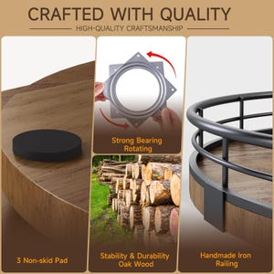 May include: A wooden rotating serving tray with a black metal railing. The tray has a non-skid pad on the bottom and is made of oak wood. The tray is crafted with high-quality craftsmanship.
